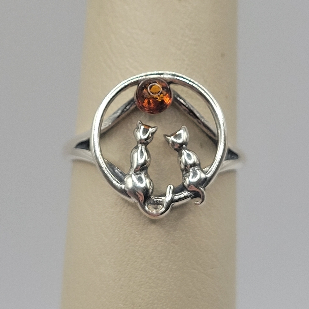 925 Sterling Silver Cat Ring Amber Stone Handmade Womens Size 8.5 Cute Unique